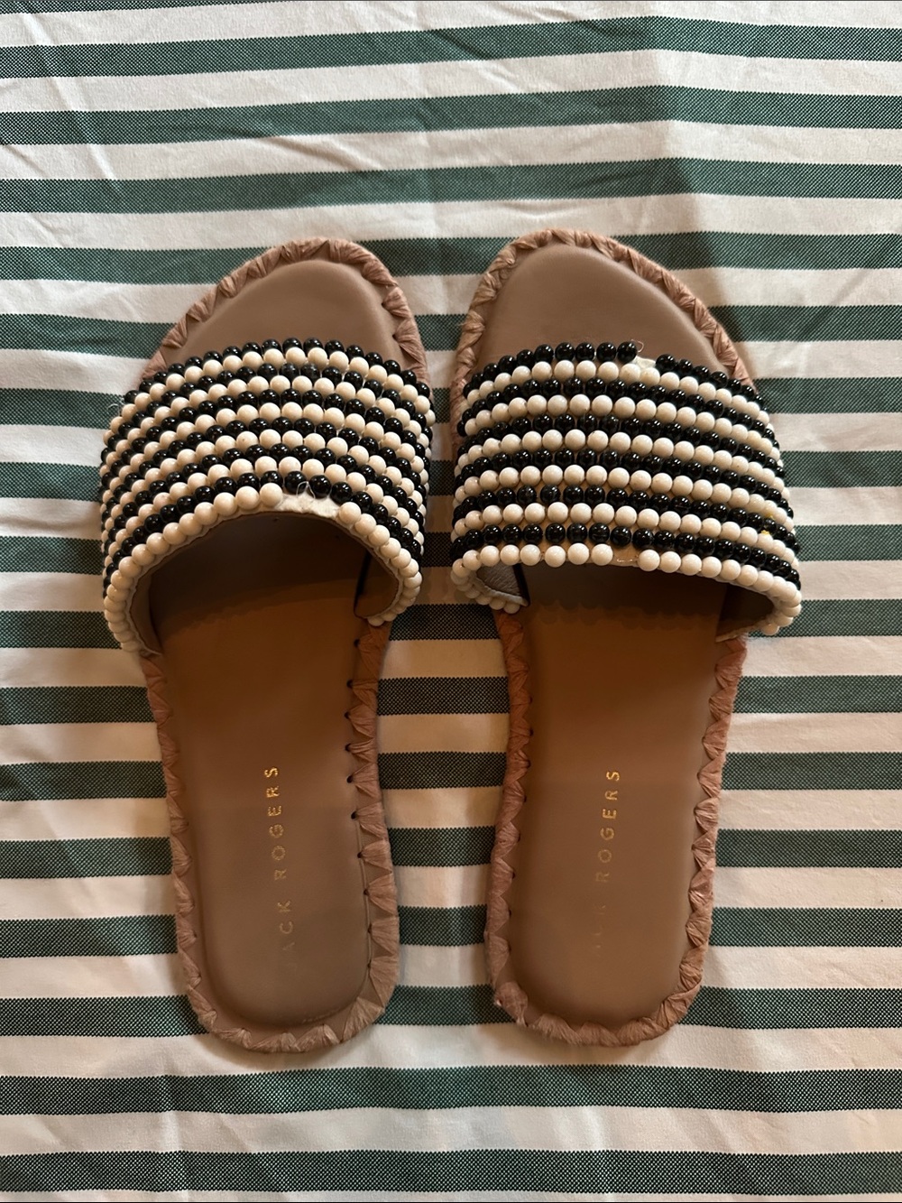 Jack Rogers Tan Slides with Black and Ivory Beaded Strap